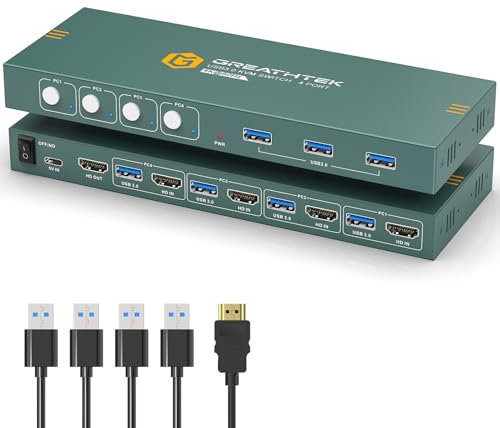 KVM Switch HDMI 4 Port 4K@60Hz, Support EDID, USB 3.0 KVM switch Hdmi, HDMI2.0, HDCP2.2, KVM Switch 4 PC 1 Monitor, 4-Port geteilte Tastatur und Maus Monitor mit 1 HDMI-Kabeln und 4 USB 3.0 Kabeln