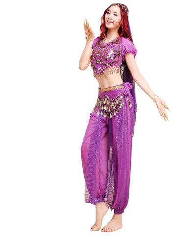 Baisdan Disfraz de princesa india para danza del vientre, conjunto de 3 piezas para mujeres y niñas, conjunto de actuación de Halloween, color morado