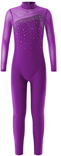 Kaerm Body da Ginnastica Artistica Ragazza con Strass Tuta Intera 1 Pezzo Bodysuit da Ballo Pattinaggio Costume di Danza Leotards Fitness Dancewear Viola 7-8 anni
