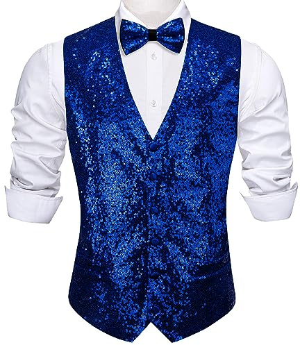 Barry.Wang Set gilet da uomo con paillettes con scollo a V, gilet lucido con papillon, per feste di fine anno, smoking, matrimonio, abito da uomo, taglie S-3XL, Blu, M
