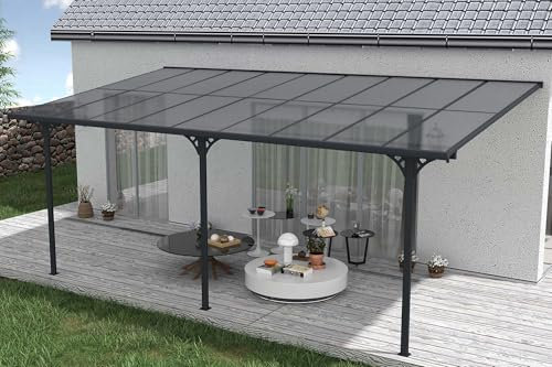 Cazeboo Carport Abri Voiture Toit Terrasse KLEO – 16,5 m² 5,5x3 m Aluminium Gris Anthracite Polycarbonate Anti-UV – Pergola adossée Robuste Anti-Rouille – Protection Pluie Neige Soleil – 556 x 300 cm