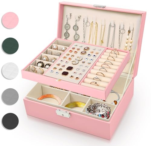 Eucomir Jewellery Box for Women, Travel Jewellery Box 2 Layers Large Jewelry Organizer Box PU Leather Jewelry Box for Girls Rings Bracelets Earrings Necklaces, Light Pink