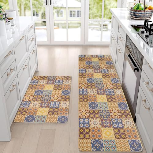 Alishomtll Kitchen Mats Sets, 2 Piece PVC Kitchen Rugs, Waterproof Non-slip Anti-Fatigue Stain-Resistant Vintage Kitchen Runner Washable Standing Mats for Home Office Floor 44x75+44x120cm