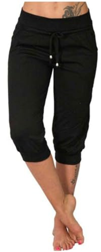 OVARA Ladies Cropped Trousers Summer 3 Quarter Length Joggers Women Elasticated Waist Capri Pants with Pockets Plain Casual 3/4 Length Jogging Bottoms