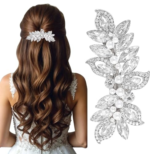 LunarCharm Pinzas para el pelo con diamantes de imitación con perla, accesorios plateados para el cabello para mujer, horquillas de cristal brillante, pinzas para el pelo en forma de hoja para bodas