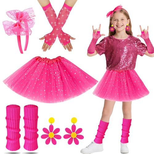 80-tals outfit för flickor med tutu kjol, fisknät, handskar, örhängen, pannband, festklänning för 80- och 90-tal, disco fest, cosplay