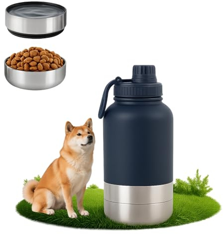 Husdjur hunddrickflaska för resor 1 000 ml, 2-i-1 rostfritt stål vattenflaska med skålar för hundar, med bärhandtag, perfekt för promenader, resor, utomhus, torrfoder och vatten (indigoblå, 32 oz)