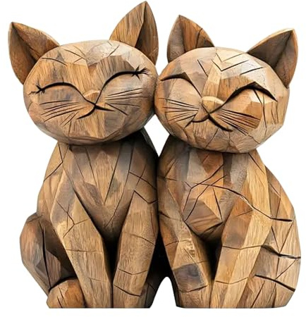 LunarCharm Escultura de Madera para Escritorio de Pareja de Gatos – decoración Plana de Escritorio con Gatos acurrucados, decoración de Gatos, Adorno para casa y Oficina, Regalo para Amantes de los