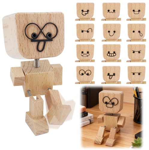 vnfsmy Wackelnde Holzfigur, Schüttelnde Holzmann-Figur, Charmante Kleine Holzfigur, lustige Wackelfigur mit 12 Ausdrücken Handgefertigter Wackelnder Kleine Lebendig Handgefertigte Auto Deko