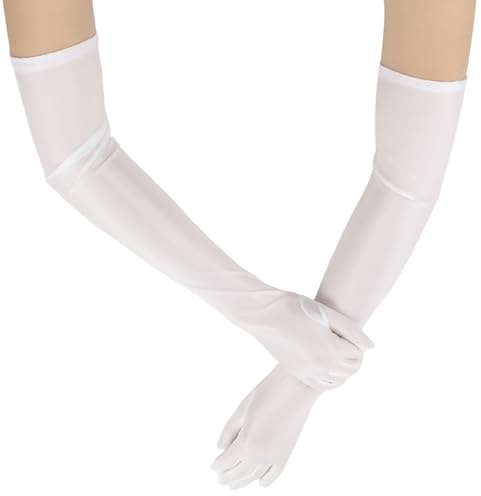 TGKEAIY Guanti Lunghi Donna, Guanti Lunghi Elasticizzati da Sera, Guanto Sposa di Raso fino a Gomito,1920, per Festa in Maschera, Matrimoni, Balli Studenteschi, Carnevale, Bianchi