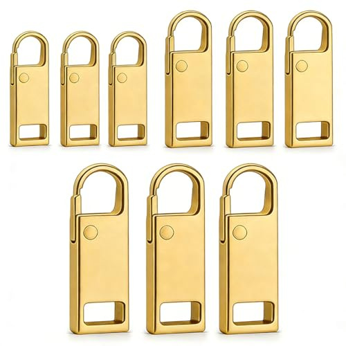 KEPYATI 9 Pcs Cerniera Tira Sostituzione, Cursore Universale, 3 Misure, Tirante Per Cerniera Lampo In Metallo, Per Borsa, Vestiti, Jeans, Valigia （Oro）