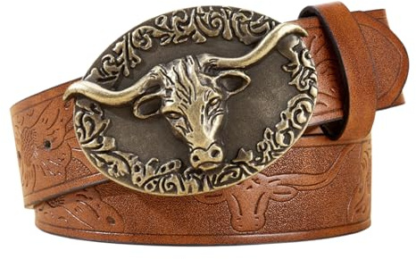 Novocloud Cintura Western Uomo in Pelle Marrone, Cintura Occidentale Western Cowboy Cowgirl Incisione Floreale Longhorn Bull da Uomo cintura in Vita con Fascino Retrò per Jeans (120 cm)