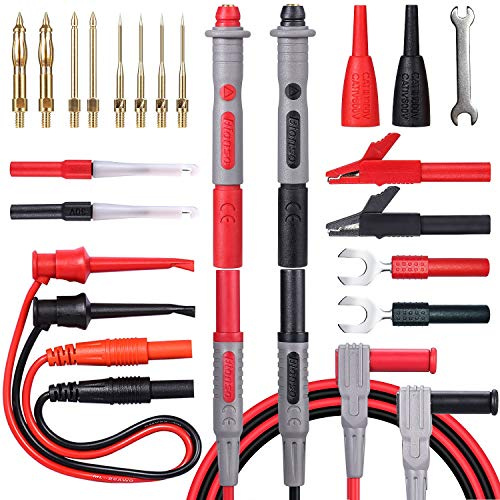 Bionso Kit de 25 câbles de multimètre, kit de fils de test professionnels et améliorés avec sondes de multimètre plaquées or remplaçables, pinces crocodile, crochets de test et broches de sonde