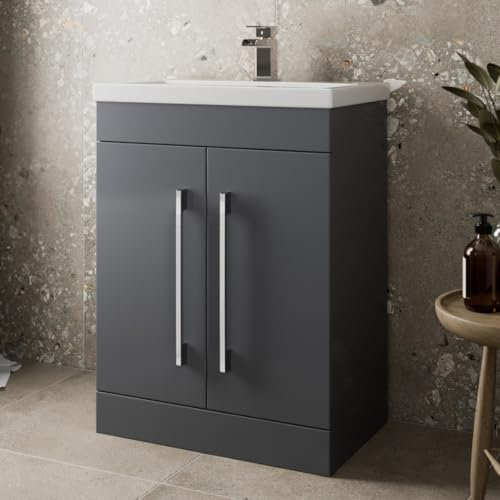 AURORA® 600mm Freestanding Vanity Unit Furniture, Wash Basin Bathroom Sink, Soft Close Door, Storage Cabinet, Grey Gloss