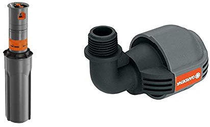 Gardena Turbine escamotable T 200 Gris 30 x 20 x 20 cm & Coude 90° Mâle de Pièce pour Raccordement à l'Extrémité du Tuyau, 25 mm X 1/2, Technologie de Raccordement Quick&Easy