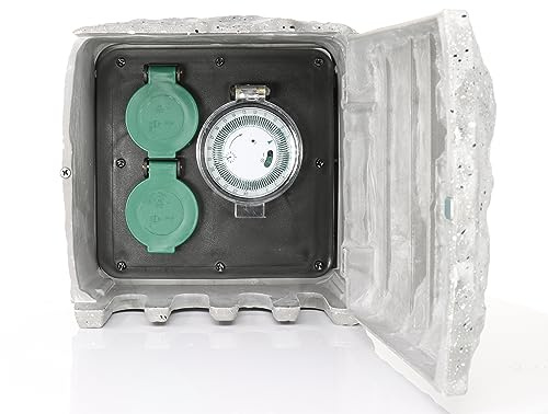 Bold Aussensteckdose Garten Stein-Optik mit 2-Fach Stecker-Verteiler + Zeitschaltuhr (IP44 wasserdicht, Verstärktes Material, bis 3680 Watt, 3m Kabel, Montage via Spieß oder/und Schrauben)