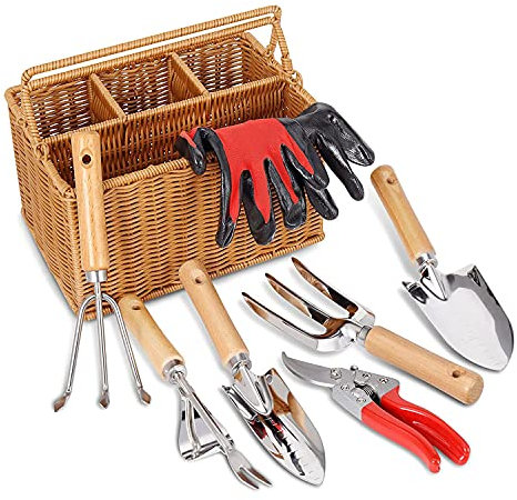 Set Di Attrezzi Da Giardino Con Cassetta Degli Attrezzi in Rattan, Strumento Per Coltivatore Manuale in Acciaio Inox,kit Per Piantare Le Mani,include Estrattore Per Erbacci,coltivatore a Mano