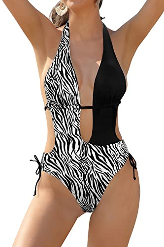 SHEKINI Costumi da Bagno Un Pezzo Donna Regolabile Stampati Cutout Costumi Interi Donna Elegante Monokini Bikini da Spiaggia(S,Nero Y2)