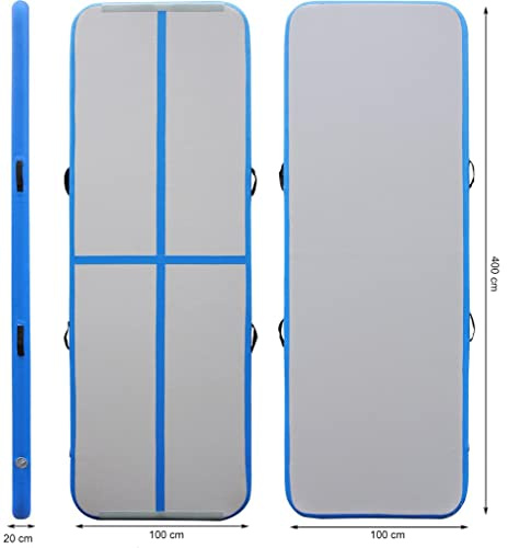 Airtrack/Tumbling/Gymnastik Matte Turnmatte in Blau, aufblasbar, rutschfest, wasserfest, stoßdämpfend, Länge: 4m, Breite: 1m, Höhe: 20cm, inkl. elektr. Pumpe/Tasche/Reperaturset (4m x 1m x 20cm, Blau)
