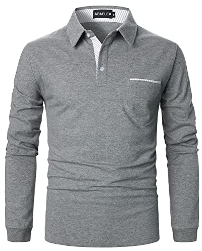APAELEA Poloshirt Herren Langarm Streifen T-Shirt Baumwolle Casual Polohemd für Männer,Grau,L