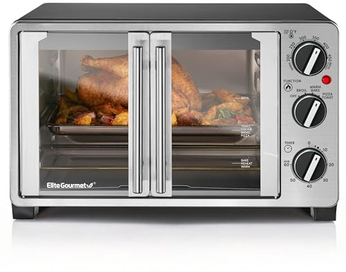 Elite Gourmet ETO2530M Double French Door Countertop Toaster Oven, Bake, Broil, Toast, Keep Warm, Fits 12 pizza, 25L capacity, Stainless Steel & Black