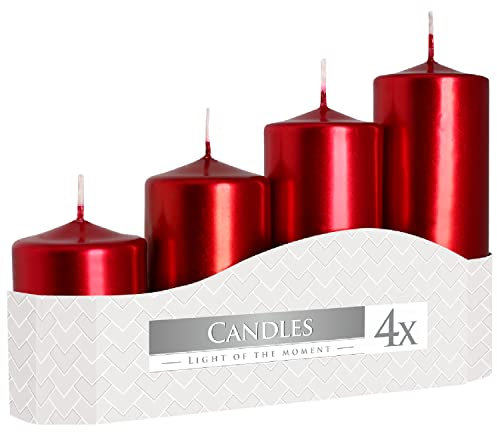 Stumpenkerzen 4er Set | Blockkerzen Rot Metallic | unparfümiert | Weihnachtskerzen Altarkerzen | 1 Box