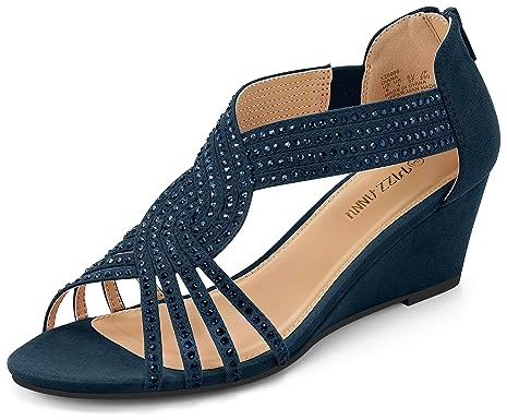 PIZZ ANNU Womens Sandals Mid Wedge Heel Sparkly Glitter Shoes for Ladies Strappy Rhinestones Bridal Wedding Prom Party Navy Size 6