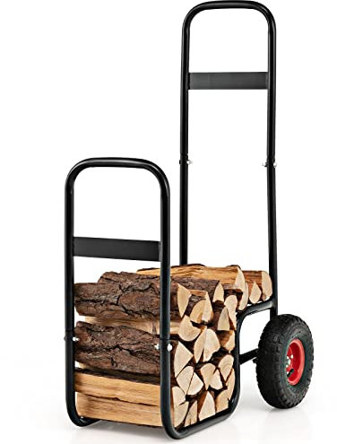 COSTWAY Vedvagn, trävagn med hjul upp till 100 kg, vedkorg för ved, vedvagn metall, vedhylla för trätransport och förvaring, 66 x 51 x 111 cm, svart