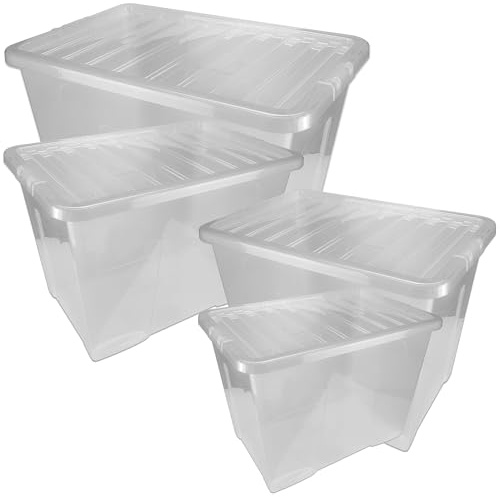 STORM TRADING GROUP 4 x 80L Plastic Storage Boxes With Lids Clear Large Size, Strong (Pack Of 4, 80 Litre) Stackable See Through Box