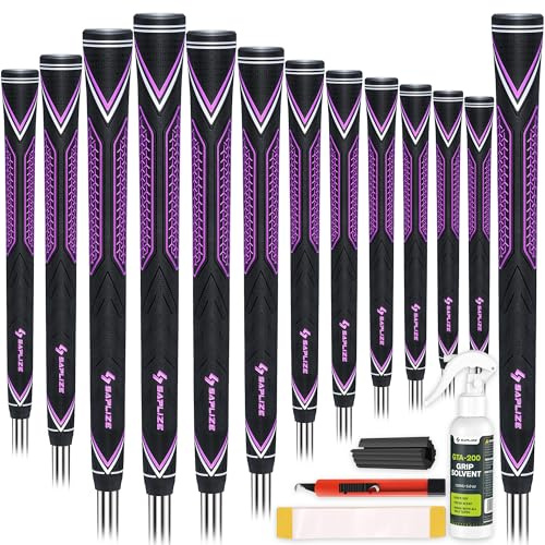 SAPLIZE Hochleistungs-Golfgriffe aus Gummi, hohe Stoßdämpfung, rutschfest, 13 Griffe mit allen Kits, Standardgröße, Lila, CC10 Golfschlägergriffe