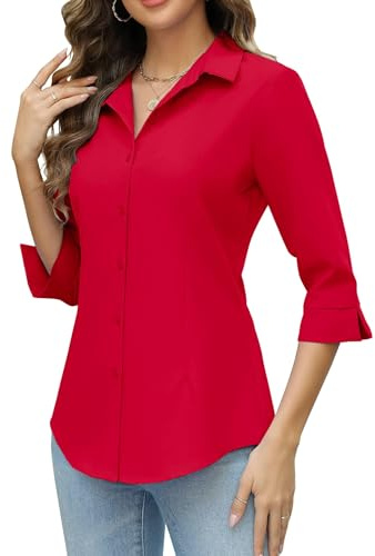 HOTOUCH Red Button Down Blouse Woman V Neck Dressy Blouses for Women Wrinkle Free Business Blouse XXL