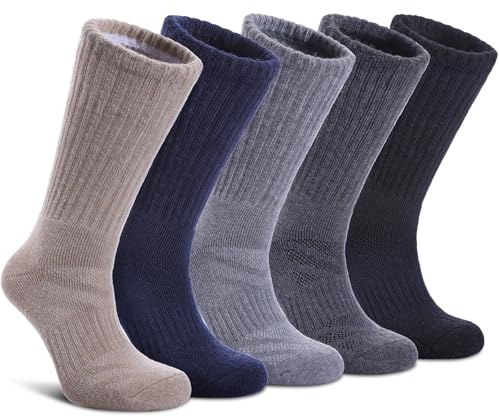 LANLEO Merino Wool Hiking Socks for Women Men Thermal Winter Warm Thick Cushion Moisture Wicking Crew Work Boot Socks, 5 Pairs Solid Color B, L
