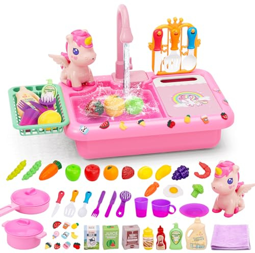 deAO Play Kitchen Sink Toys with Upgraded Rear Faucet, Play Cooking Stove, Cookware Pot and Pan, Play Food, Color Changing Dishes Accessories, Pretend Role Play Toys for Toddler Boys Girls (PINK)