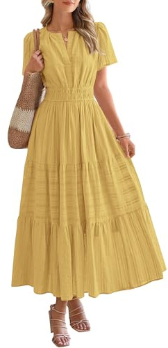 BTFBM Womens Summer 2026 Casual Midi Maxi Dresses Lightweight Short Sleeve V Neck Elastic Waist Boho Beach Dress Pockets(Yellow, Large)