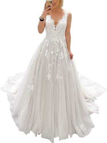 JAEDEN A-Linie Brautkleid Spitze Hochzeitskleider für Damen V Ausschnitt Standesamt Kleider mit Schleppe Weiß 42