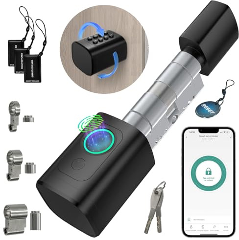 AVATTO Smart Türschloss mit Fingerabdruck & Passwort für 60-90mm Türen, Elektronischer Schließzylinder mit einstellbarer Länge, inkl. Schlüssel & IC-Karte, Fernsteuerung über AVATTO & Smart Life App