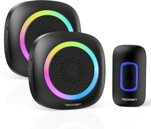 TECKNET Campanello Senza Fili Alimentato a Batteria Impermeabile IP66, Portata 400M, 5 Livelli Volume 60 Melodie, Batteria Rimovibile RGB Campanello Wireless Esterno(1xTrasmettitore e 2x Ricevitore)