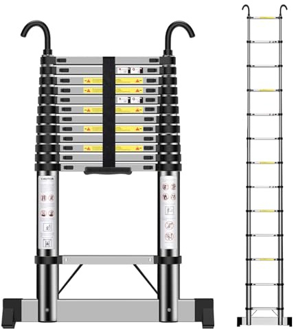 Telescopic Ladder 3.7m, Stainless Steel Extendable Ladder with Hooks, Height Adjustment, Convenience for Home, Attic Access, etc.