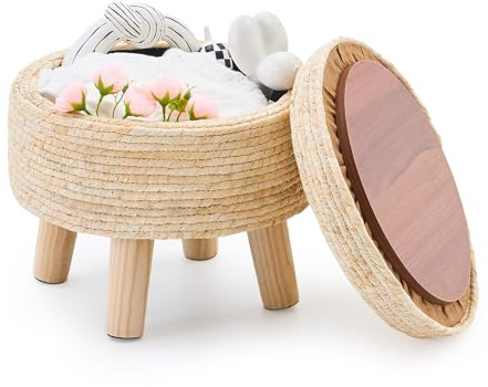 Cpintltr Storage Ottoman Poufs Handwoven Footstool Natural Seagrass Round Footrest Stool with 4 Wood Legs Soft Padded Outdoor Seat for Hallway Lounge Bedroom Garden