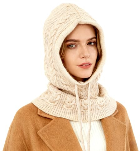 TAGVO Knit Hooded Scarf Hat,2 in 1 Beanie Neck Warmer for Women, Soft Thermal Balaclava for Autumn & Winter
