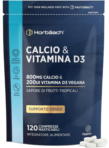 Kalcium Tabletter med Vitamin D | 120 Veganska Tuggtabletter | Hög Styrka | 800 mg Kalciumkarbonat och 200IE D3 | Tropisk Bärsmak | av Horbaach