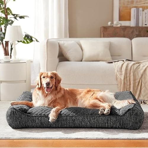 JOEJOY Ortopedisk hundsäng för stora hundar, XXL tvättbar hundsäng, halkfri hundsoffa, stor hundkorg gjord av mjuk konstkaninpäls, 122 x 89 x 25 cm