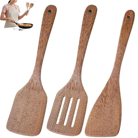 Köksredskap i trä 3 st set naturligt träspatel för non-stick köksredskap oavslutade träspatlar familjesäker (33 x 7,6 cm)