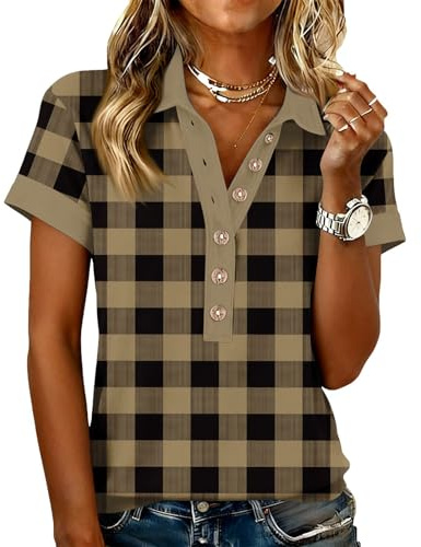 Women's Plaid Short Sleeve Henley Shirts Casual Button Front Checked Pattern Blouse Classic Fit Top for Daily Coffee