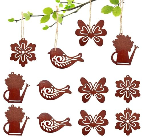 CATZUM 12 Décorations Suspendues Vintage en Bois Ornements de Jardin Motifs d'Oiseaux, Fleurs, Arrosoirs et Papillons Idéal pour Décoration Murale Intérieure et Extérieure