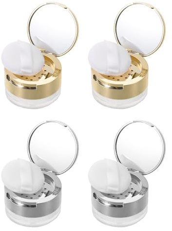 UKCOCO Boîte à Poudre de Voyage Compacte 6 G Format Mini, Lot de 4 Sets de Pots Rechargeables Argenté et Or avec Houppettes Incluses, Contenant Hermétique pour Maquillage Visage,