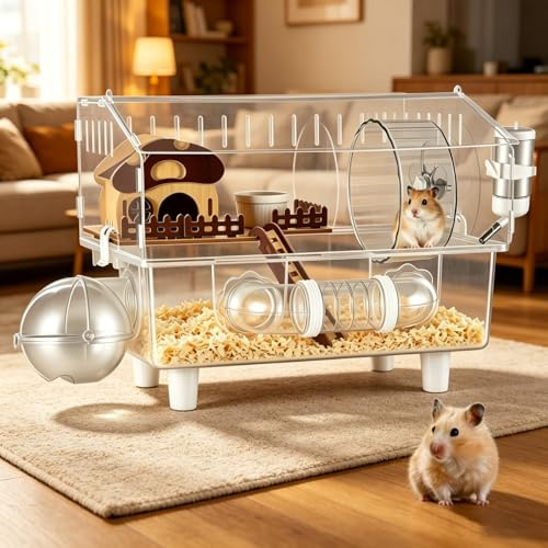 Large Acrylic Hamster Cage, Dwarf Hamster Cage, 2-Layer Design with all accessories, Top Open Mouse Cage for Pet Mice, Clear View Mushroom House Style Large Hamster Habitat for Dwarf Hamster, Gerbils