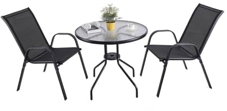 URBNLIVING 3 Piece Garden Bistro Set Round Glass Top Table & 2 Textilene Chairs Outdoor Patio Balcony Furniture Weather Resistant Metal Seating - Black