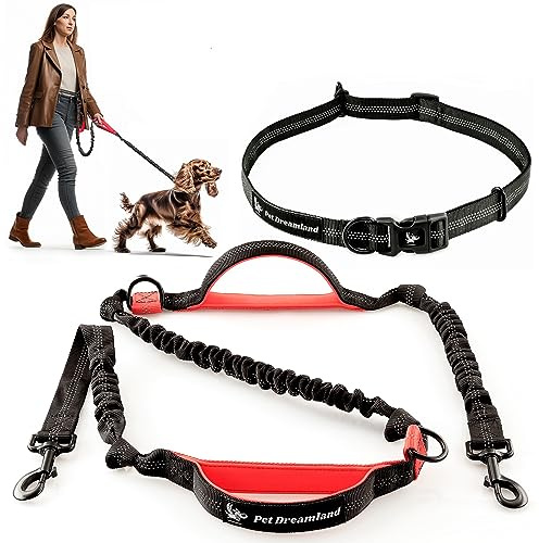 Pet Dreamland Handfritt hundkoppel för löpning, promenader, vandring, cykling och träning. Bungee sele, justerbart midjebälte, enkel- eller dubbelt handtag, reflekterande sömmar. Liten, medium, stora hundar