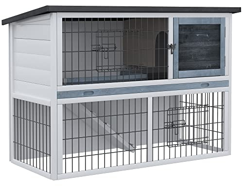PawHut 2-Tier Wooden Rabbit Hutch Guinea Pig House Bunny Cage Backyard w/Openable Roof Small Animal House for Outdoor Grey, 108 x 45 x 78 cm